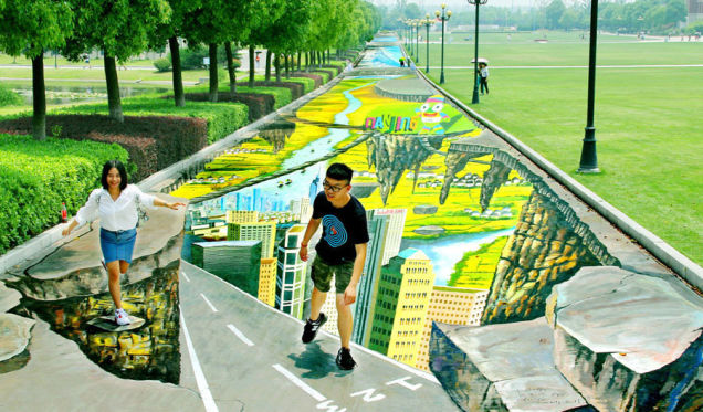 The World's Largest And Longest 3D Street Painting Debuts In Nanjing, China